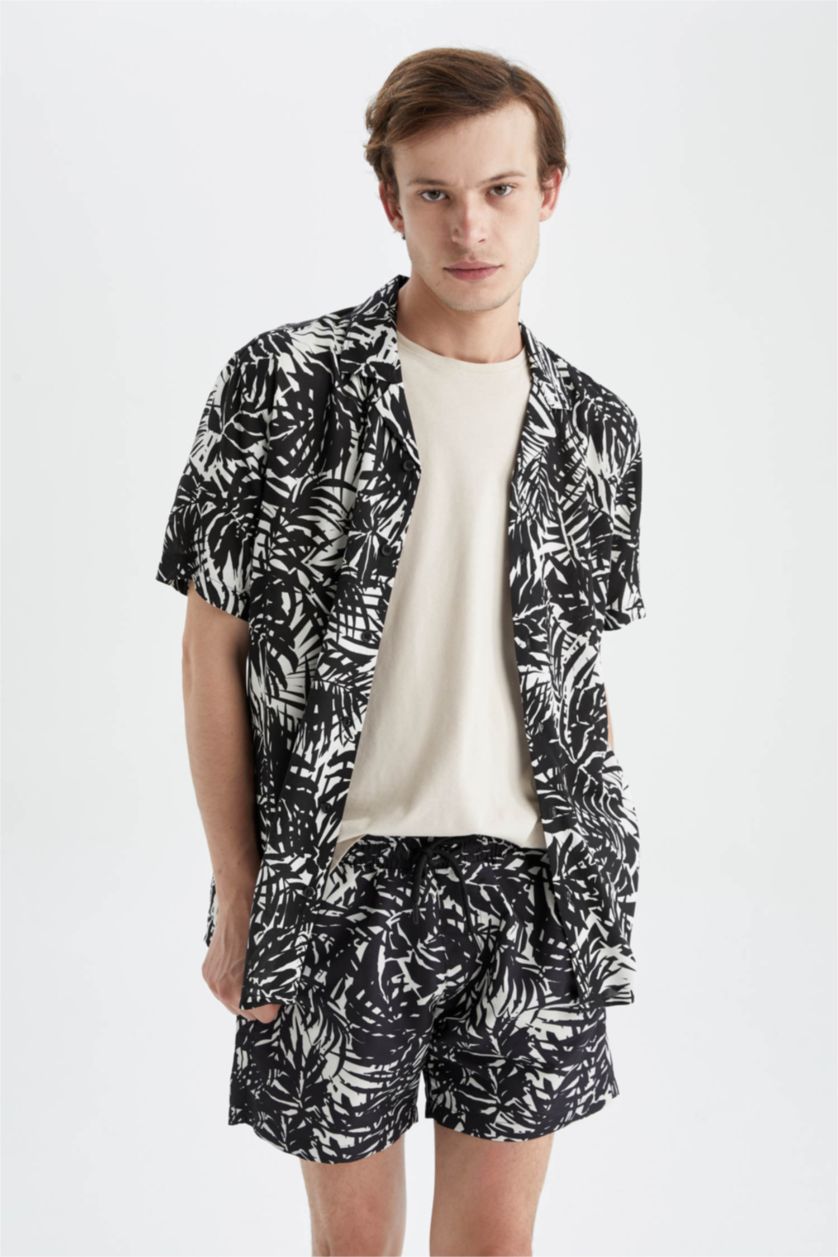 MAN Black Regular Fit Short Sleeve Palm Print Viscose Shirt