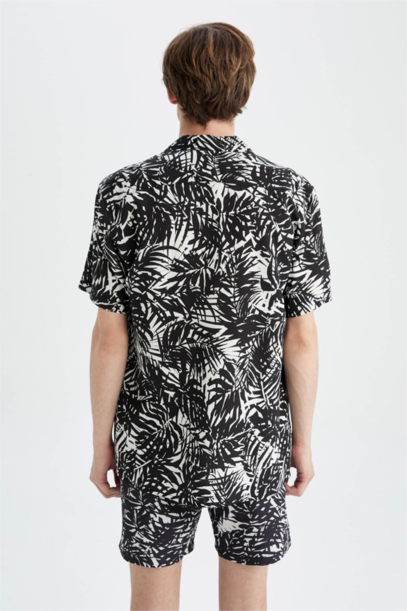MAN Black Regular Fit Short Sleeve Palm Print Viscose Shirt