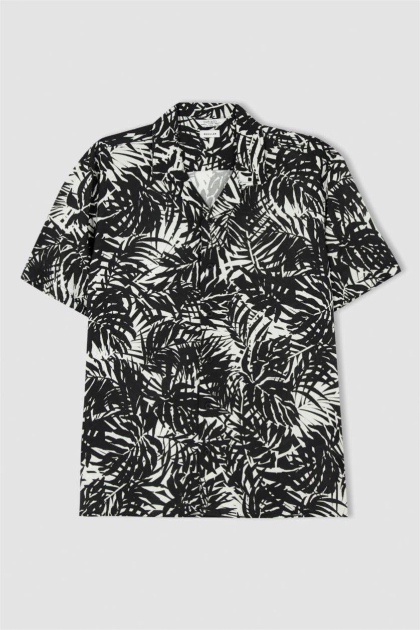 MAN Black Regular Fit Short Sleeve Palm Print Viscose Shirt