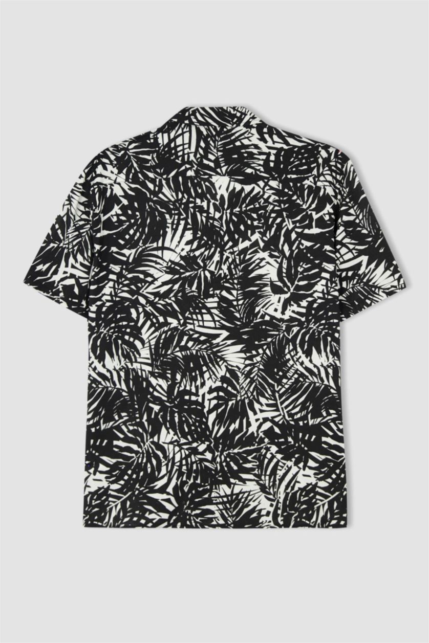 MAN Black Regular Fit Short Sleeve Palm Print Viscose Shirt