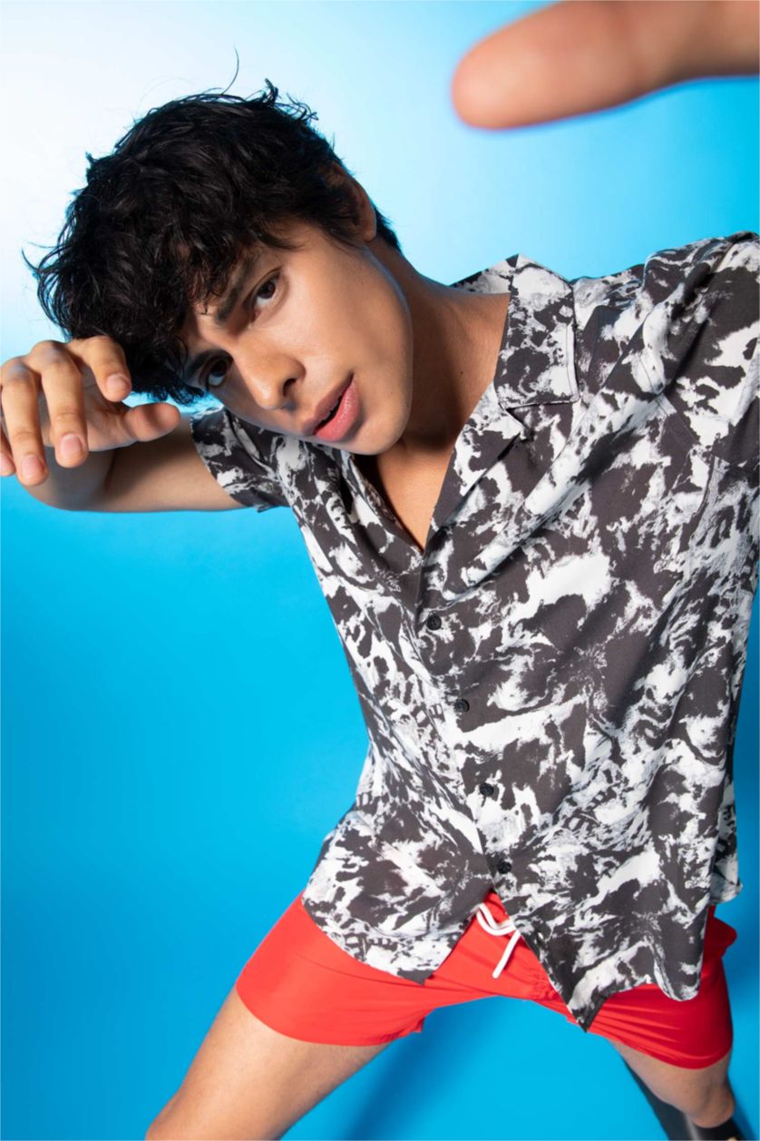 MAN Ecru Regular Fit Short Sleeve Palm Print Viscose Shirt