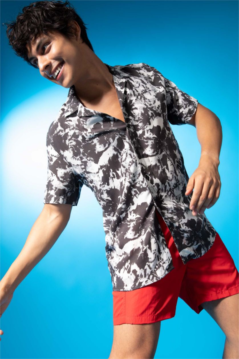 MAN Ecru Regular Fit Short Sleeve Palm Print Viscose Shirt