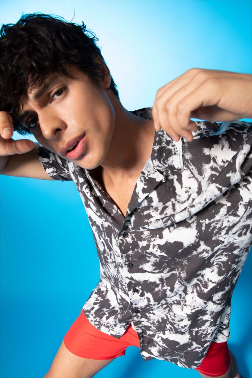 MAN Ecru Regular Fit Short Sleeve Palm Print Viscose Shirt