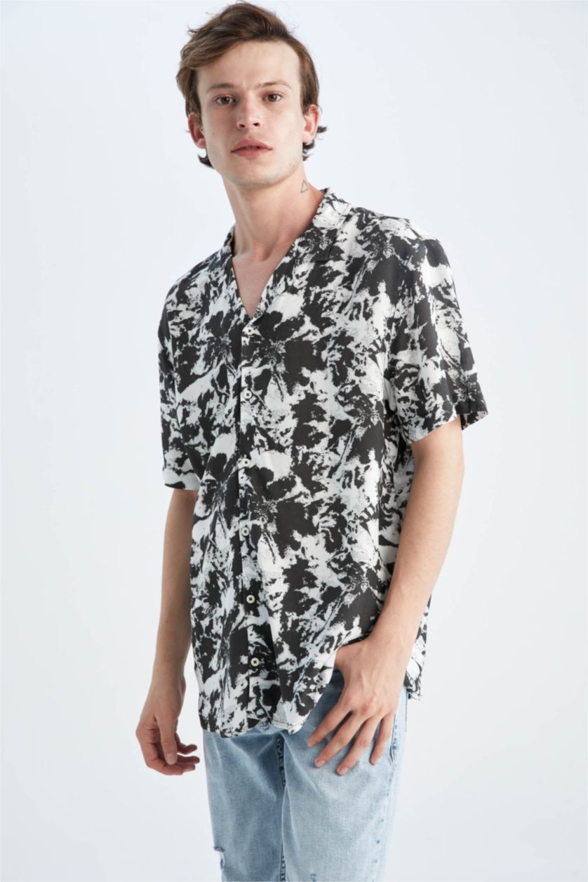 MAN Ecru Regular Fit Short Sleeve Palm Print Viscose Shirt