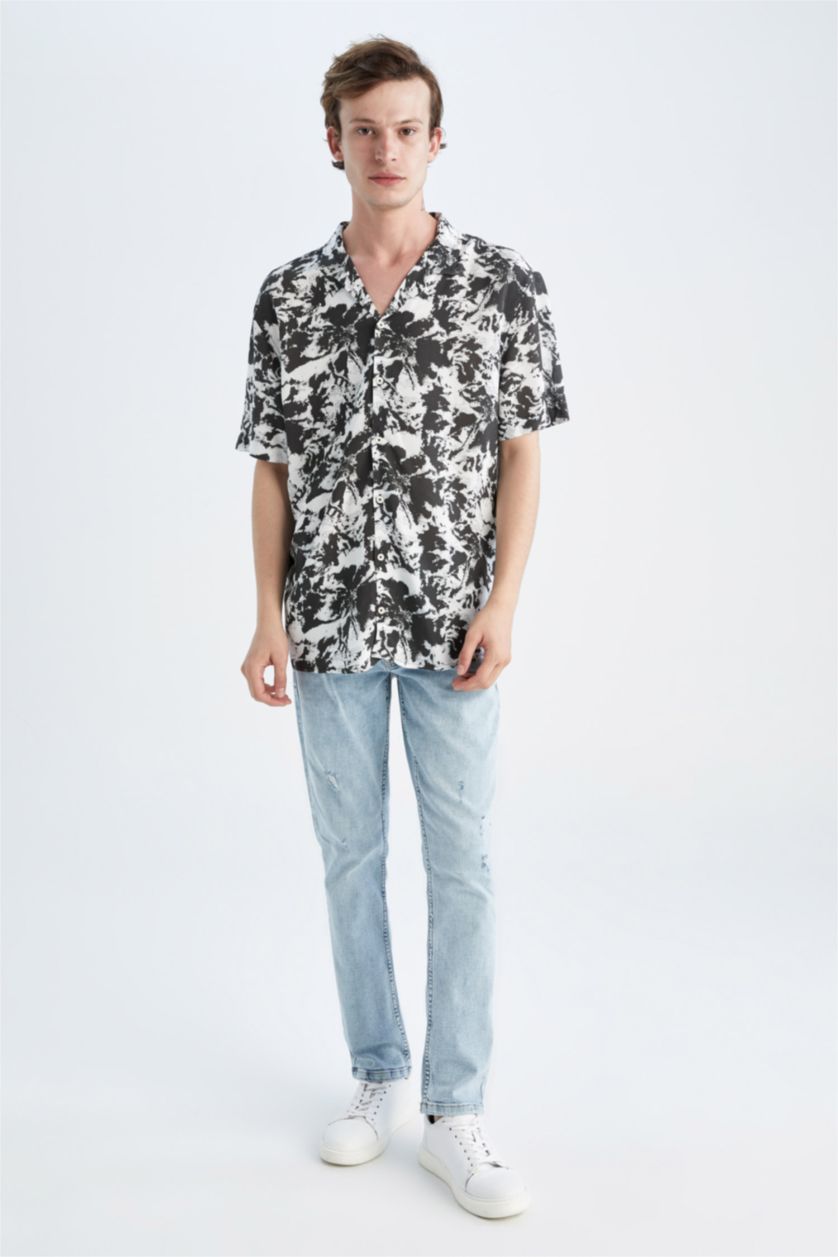 MAN Ecru Regular Fit Short Sleeve Palm Print Viscose Shirt