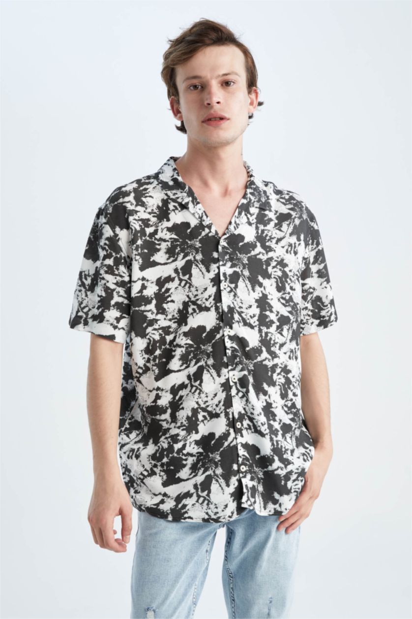 MAN Ecru Regular Fit Short Sleeve Palm Print Viscose Shirt