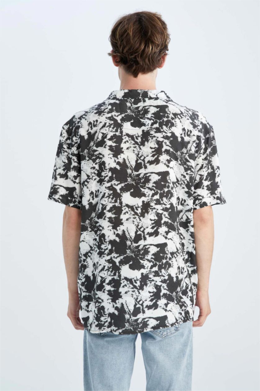 MAN Ecru Regular Fit Short Sleeve Palm Print Viscose Shirt