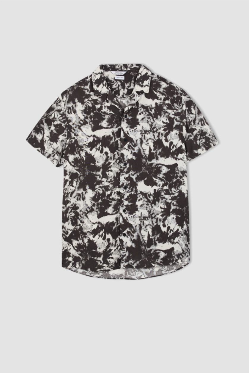 MAN Ecru Regular Fit Short Sleeve Palm Print Viscose Shirt