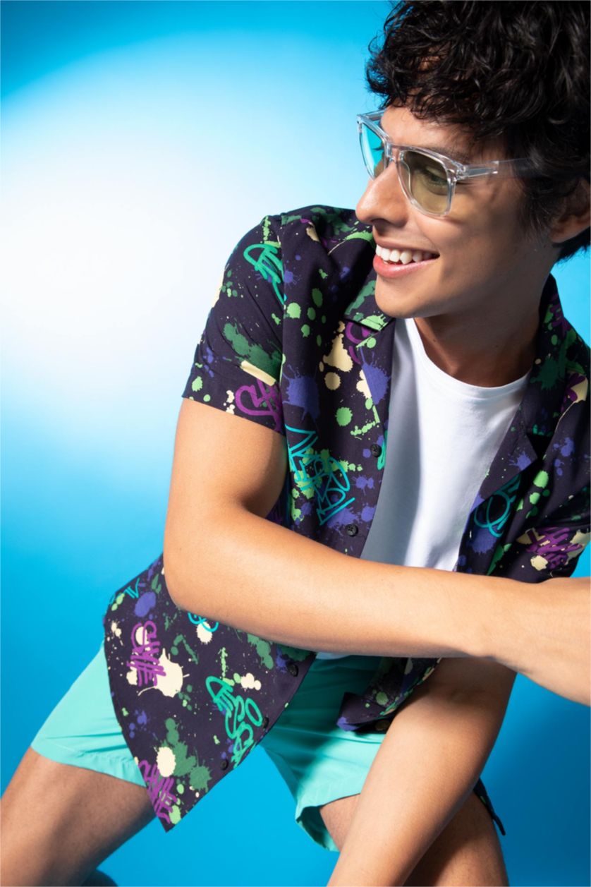 رجال أسود قميص هاواي فيسكوز مطبوع بقصة عادية