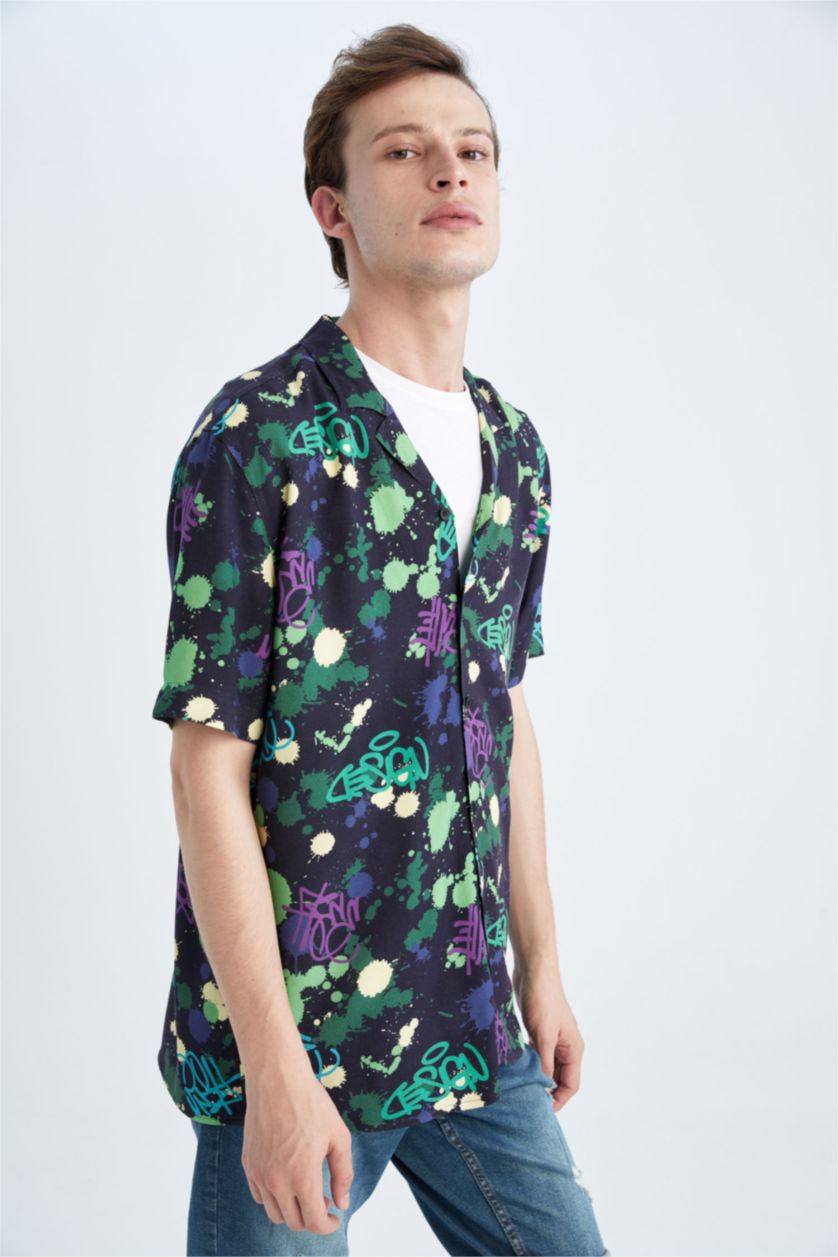 رجال أسود قميص هاواي فيسكوز مطبوع بقصة عادية