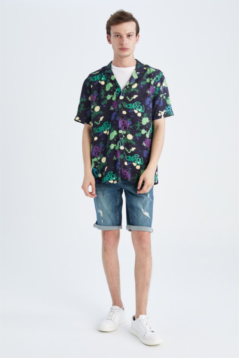 رجال أسود قميص هاواي فيسكوز مطبوع بقصة عادية