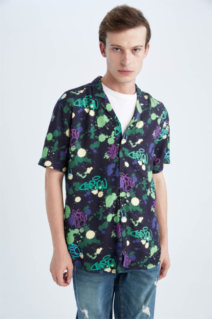 رجال أسود قميص هاواي فيسكوز مطبوع بقصة عادية