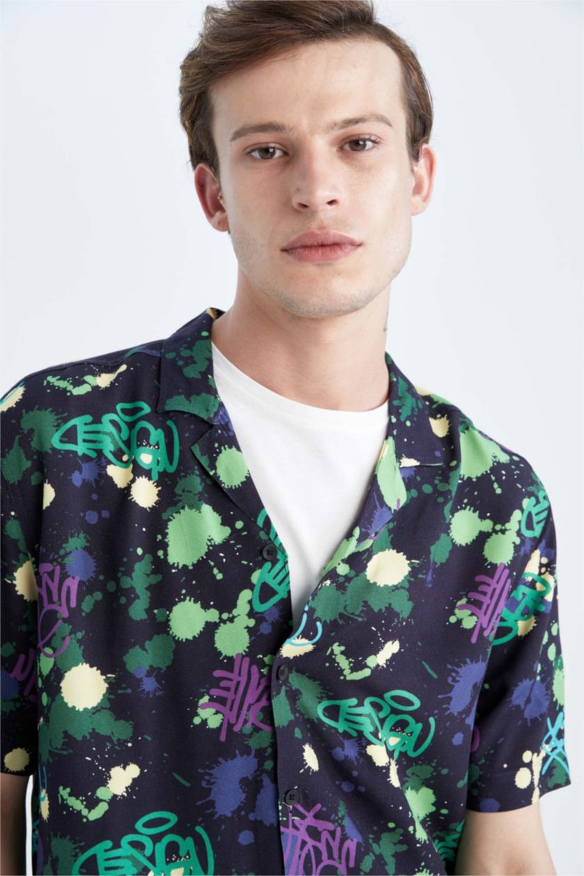 رجال أسود قميص هاواي فيسكوز مطبوع بقصة عادية