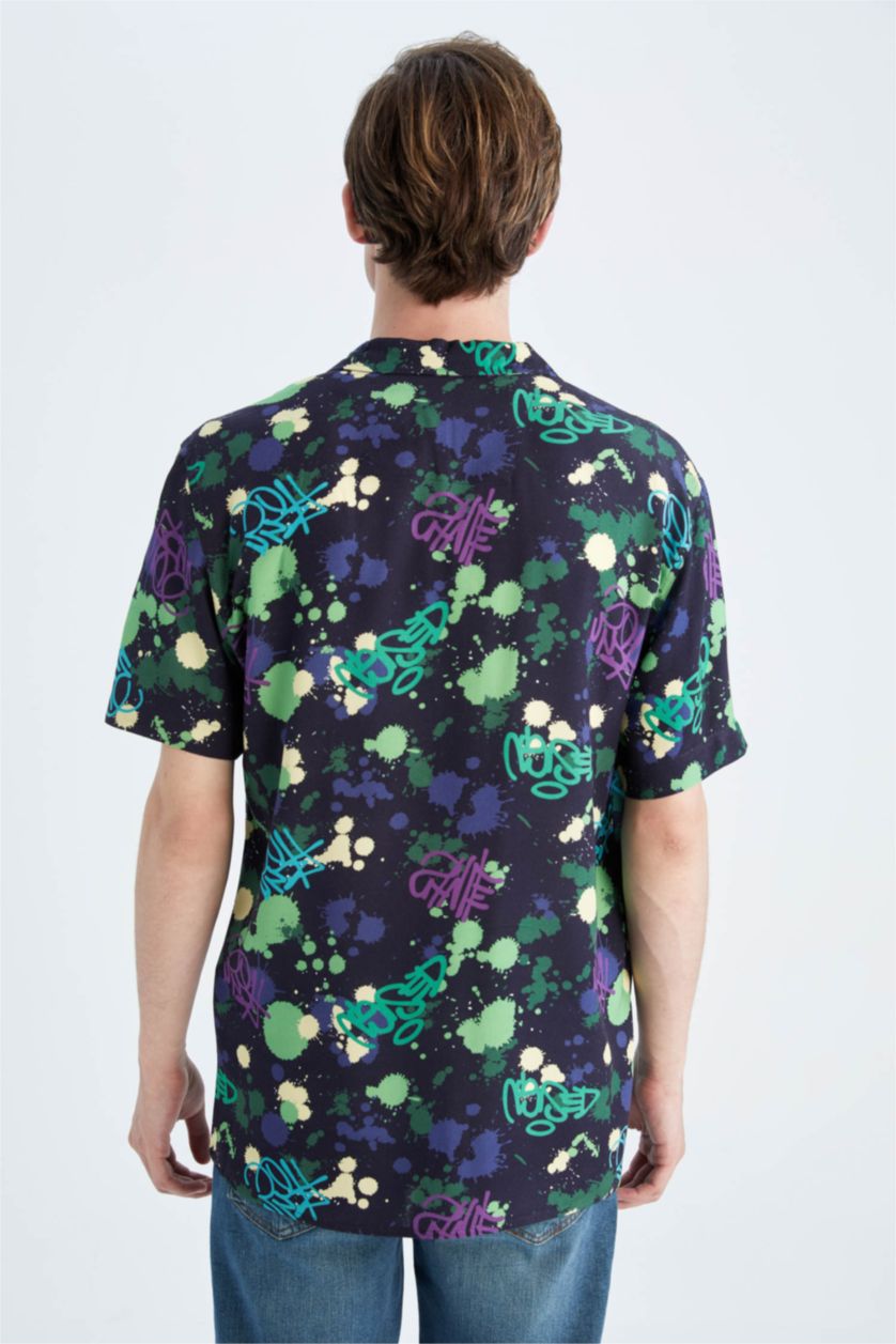 رجال أسود قميص هاواي فيسكوز مطبوع بقصة عادية