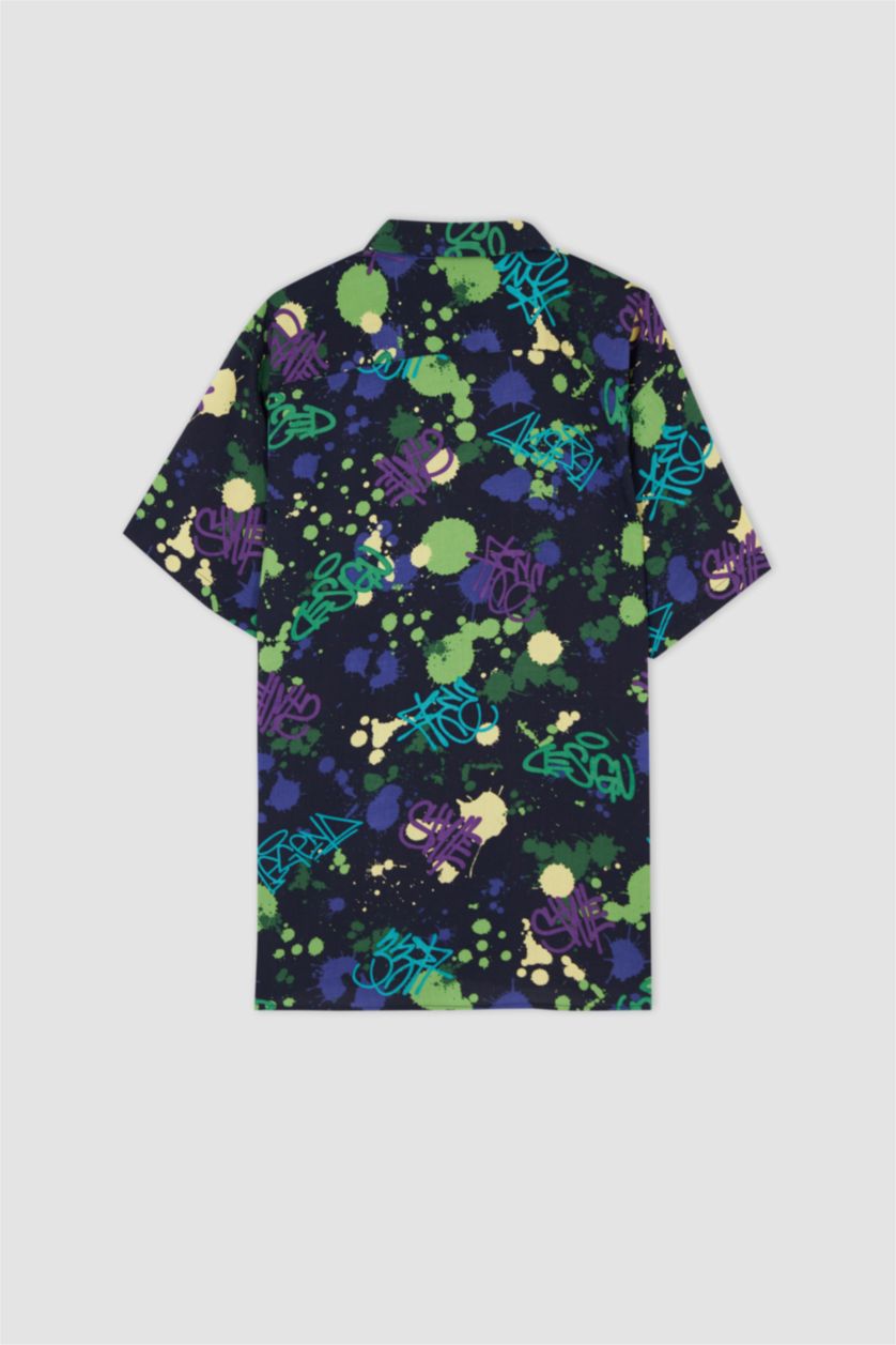 رجال أسود قميص هاواي فيسكوز مطبوع بقصة عادية