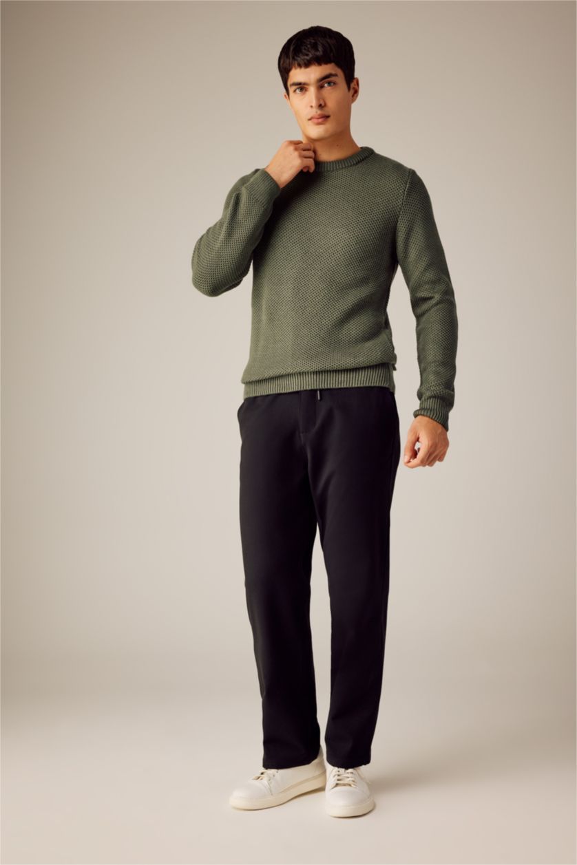 Erkek Koyu Haki Slım Fıt Bisiklet Yaka Triko Kazak