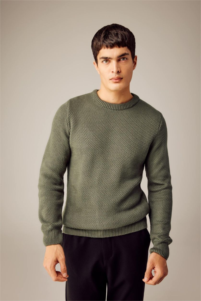 Erkek Koyu Haki Slım Fıt Bisiklet Yaka Triko Kazak