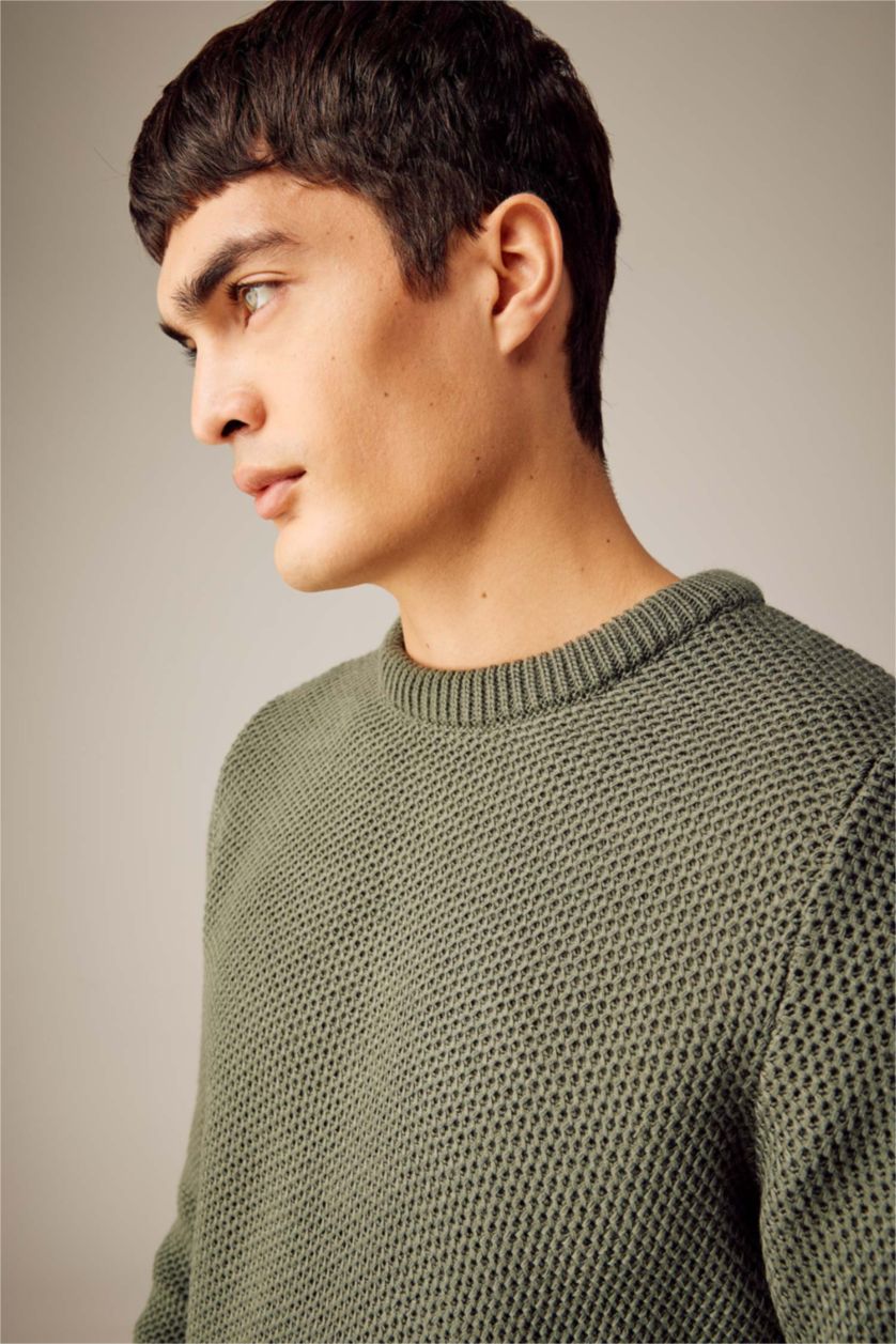 Erkek Koyu Haki Slım Fıt Bisiklet Yaka Triko Kazak