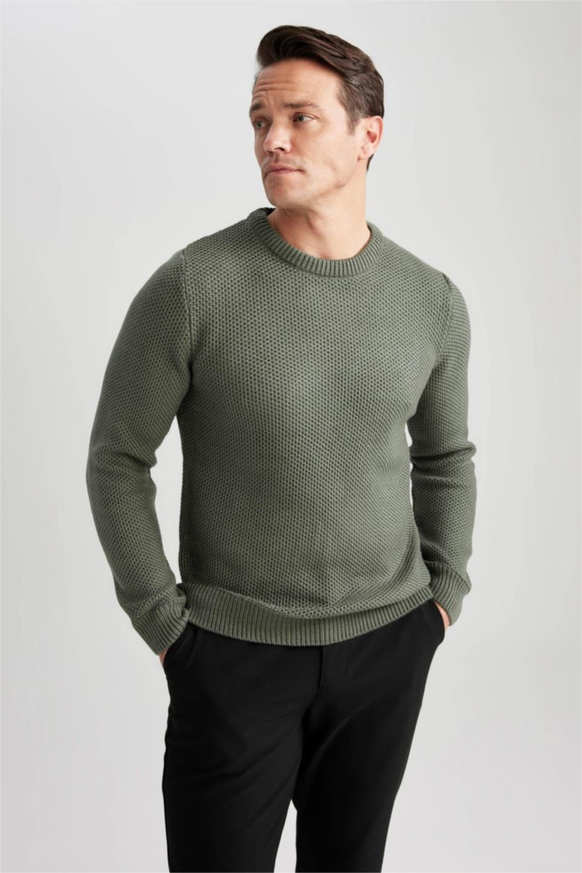 Erkek Koyu Haki Slım Fıt Bisiklet Yaka Triko Kazak