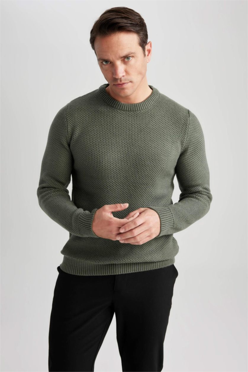 Erkek Koyu Haki Slım Fıt Bisiklet Yaka Triko Kazak