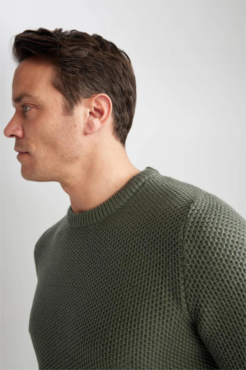 Erkek Koyu Haki Slım Fıt Bisiklet Yaka Triko Kazak