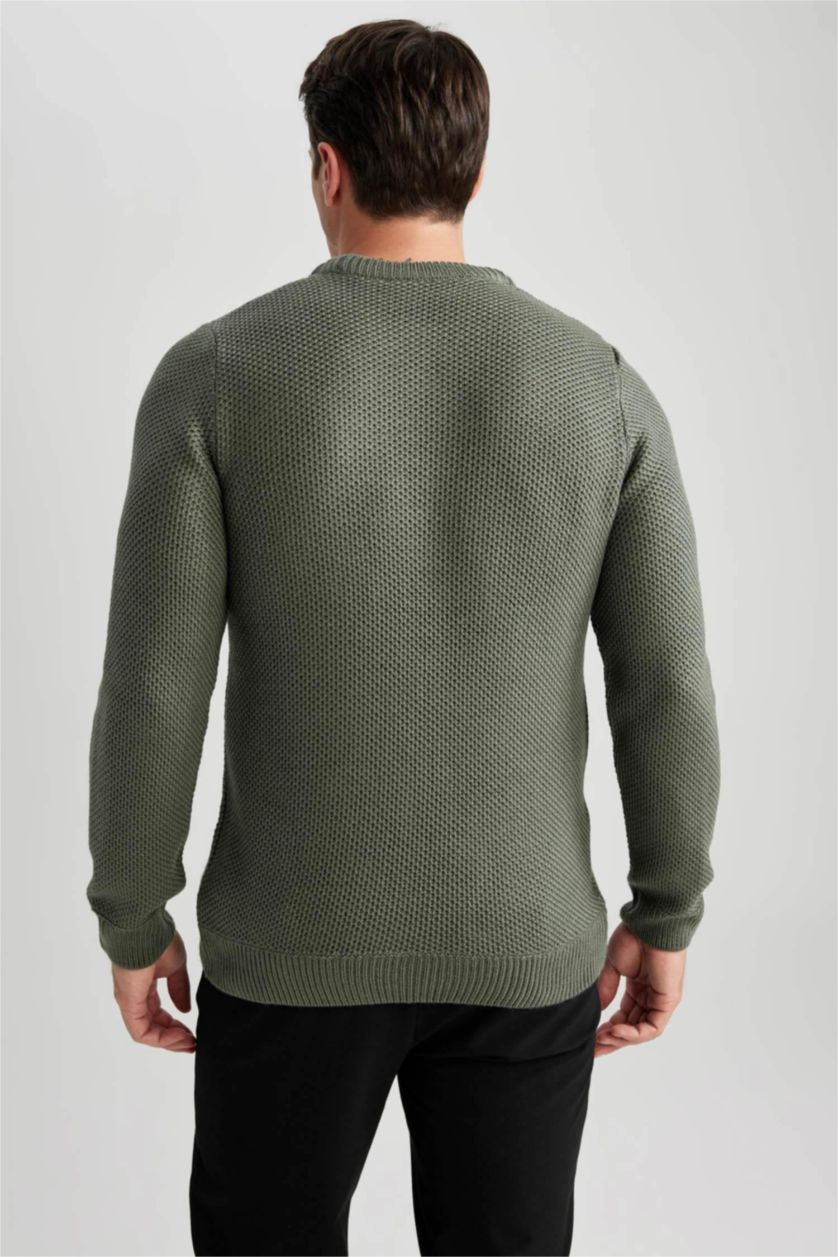 Erkek Koyu Haki Slım Fıt Bisiklet Yaka Triko Kazak