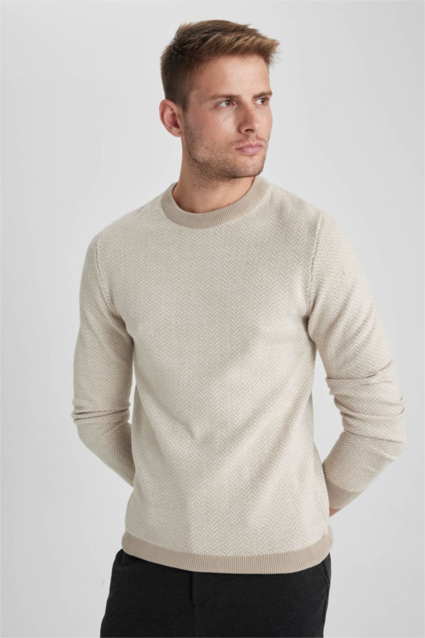 رجالي ميلانج بيج فاتح بلوفر تريكو قصة عادية برقبة مستديرة