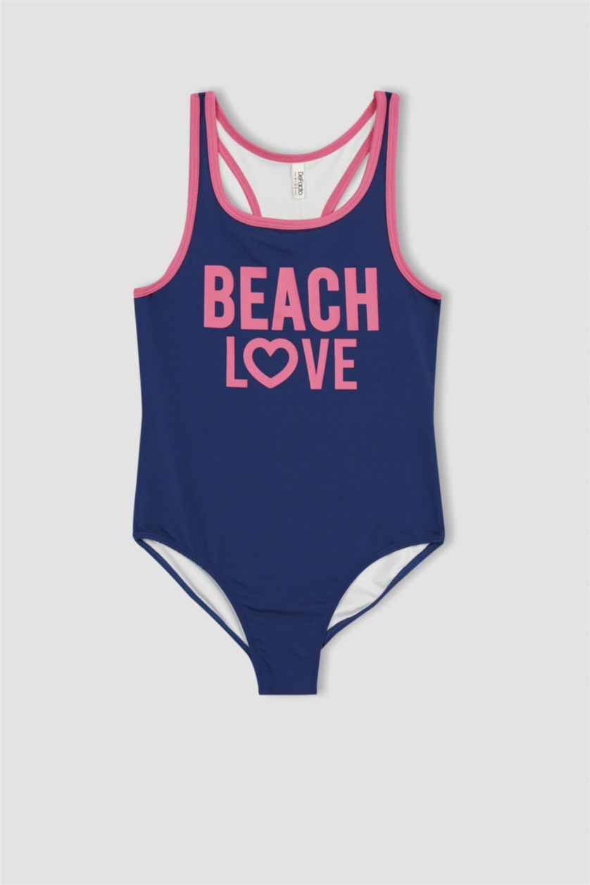 بنات أزرق غامق مايوه سباحة للبنات منقوش بالشعار