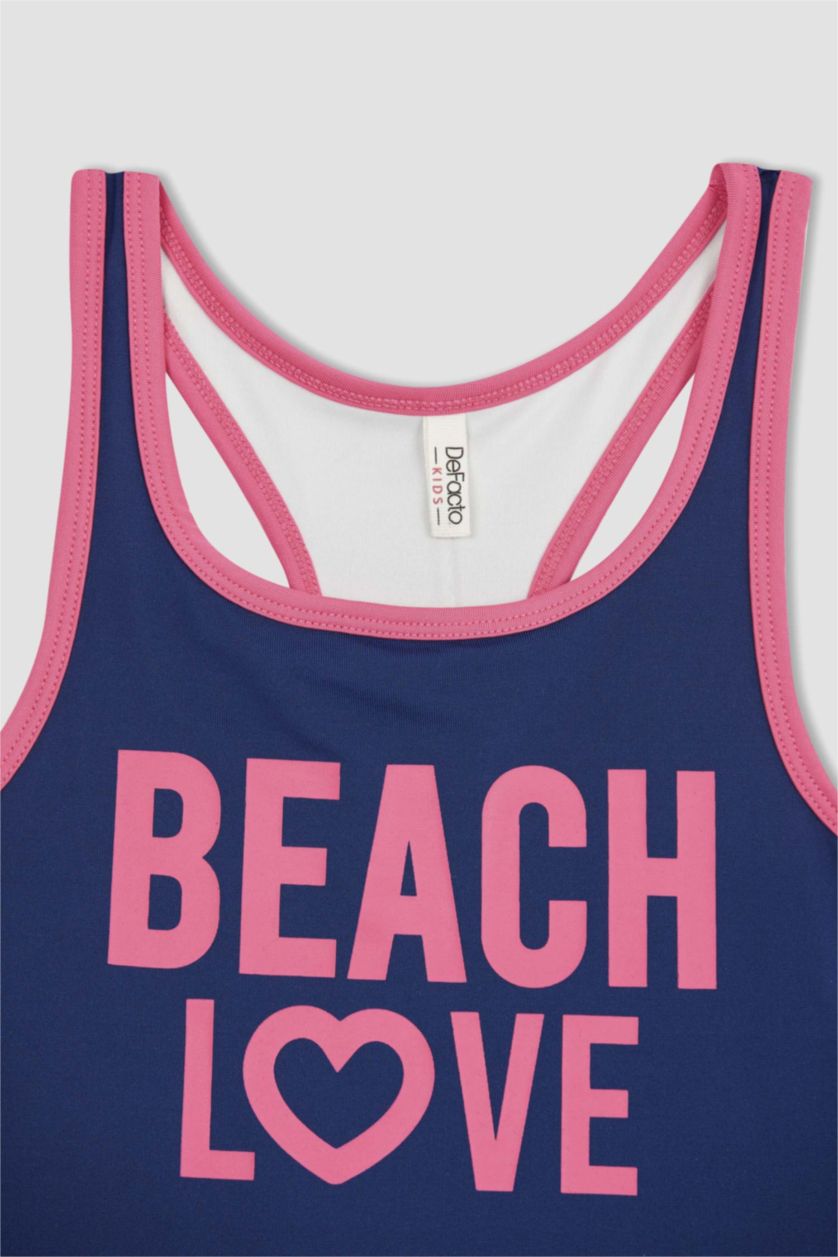 بنات أزرق غامق مايوه سباحة للبنات منقوش بالشعار