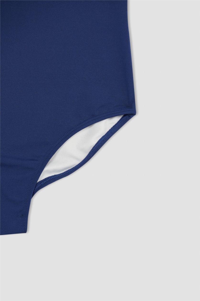 بنات أزرق غامق مايوه سباحة للبنات منقوش بالشعار