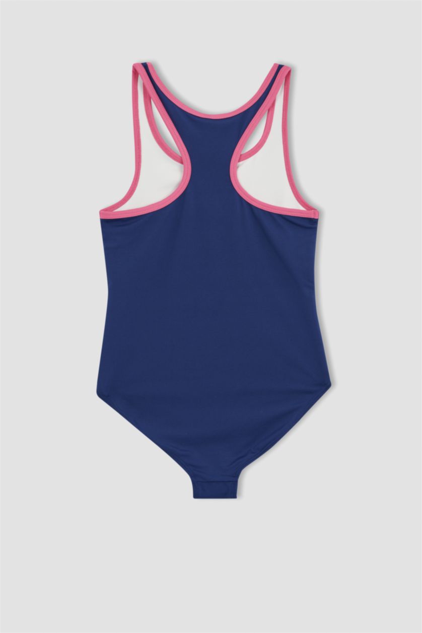 بنات أزرق غامق مايوه سباحة للبنات منقوش بالشعار