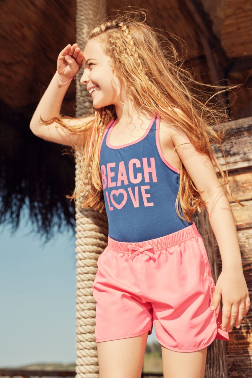 بنات أزرق غامق مايوه سباحة للبنات منقوش بالشعار