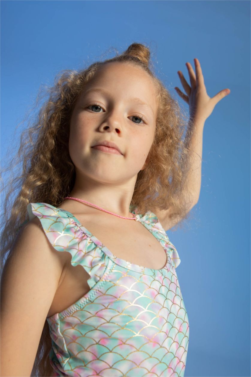 Kız Çocuk - Genç Kız Beyaz Kız Çocuk Desenli Esnek Mayo