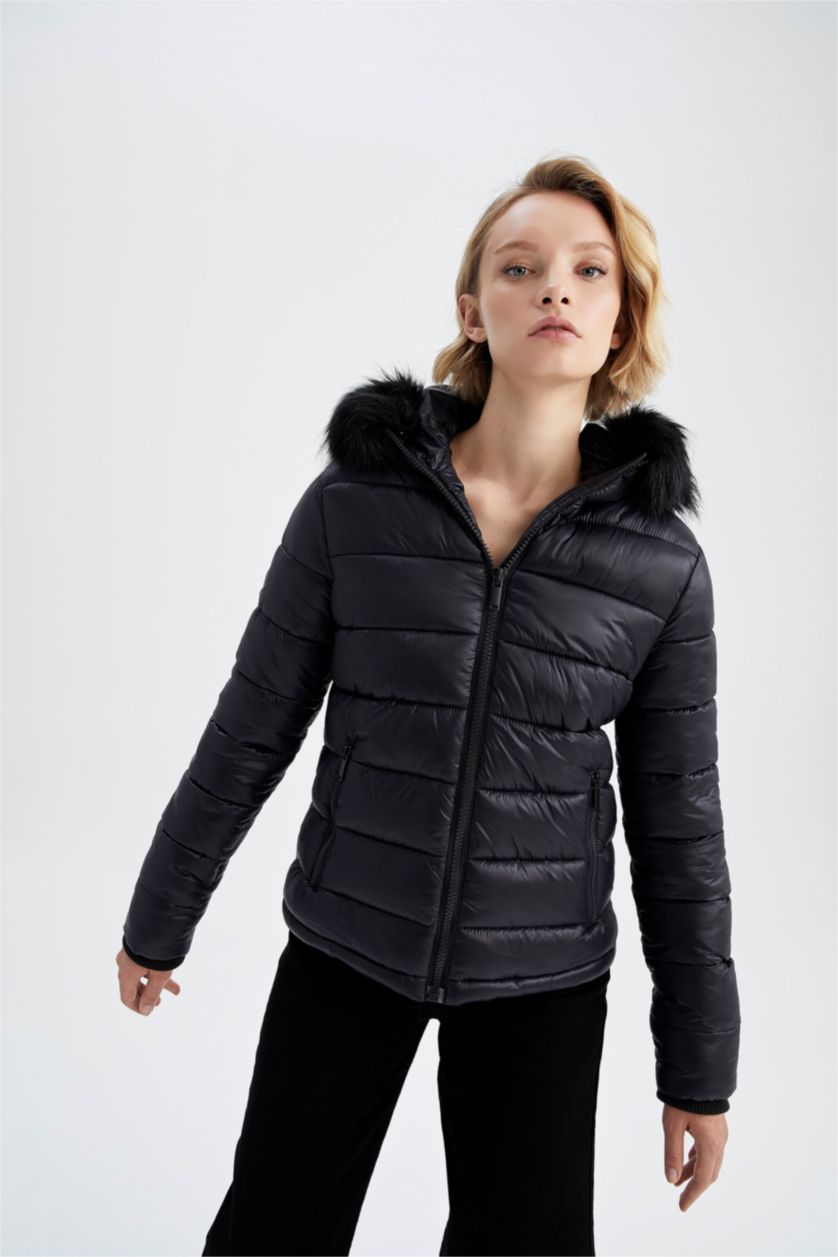 WOMAN Black Waterproof Hooded Faux Fur Puffer Jacket