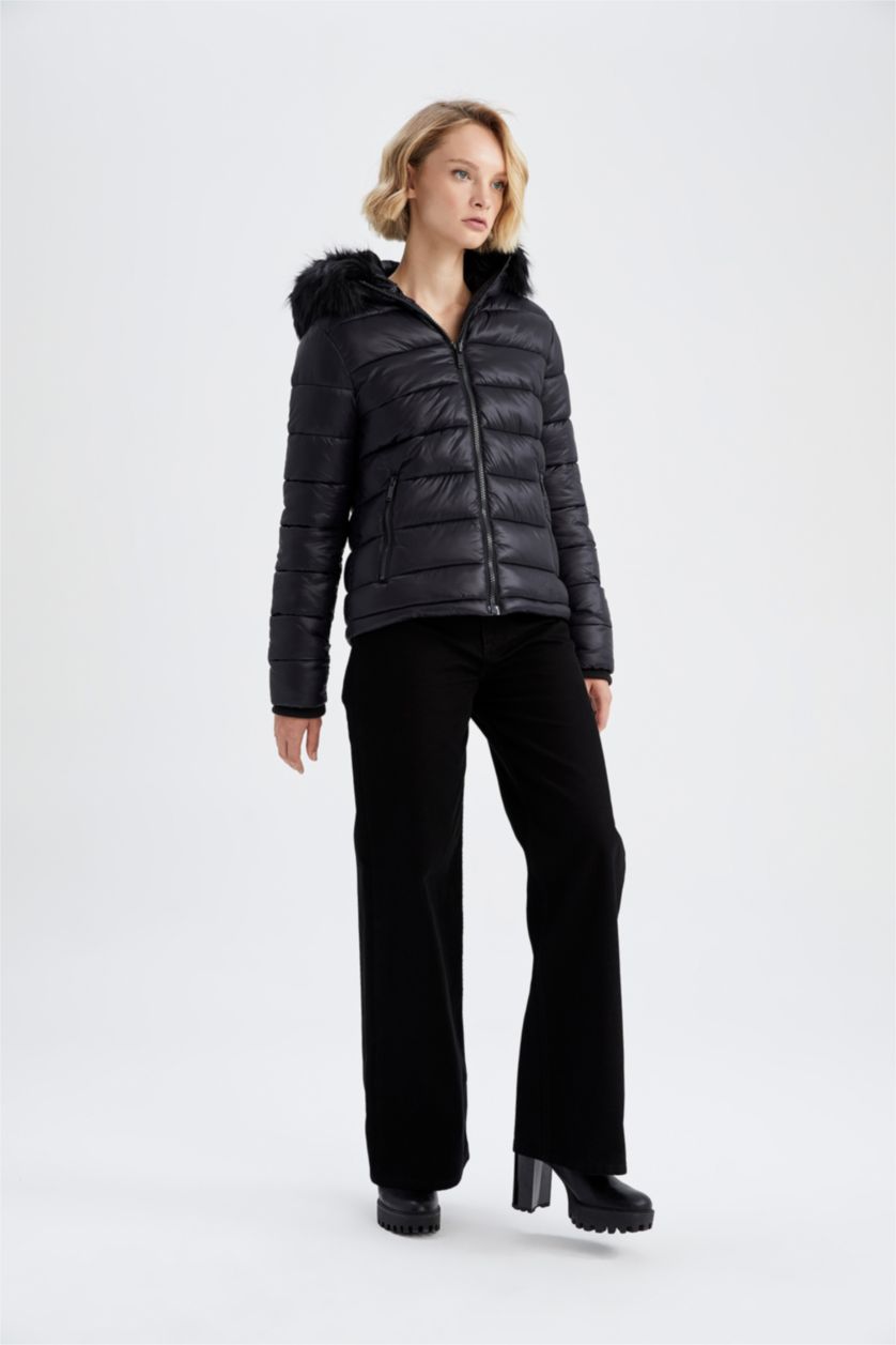 WOMAN Black Waterproof Hooded Faux Fur Puffer Jacket