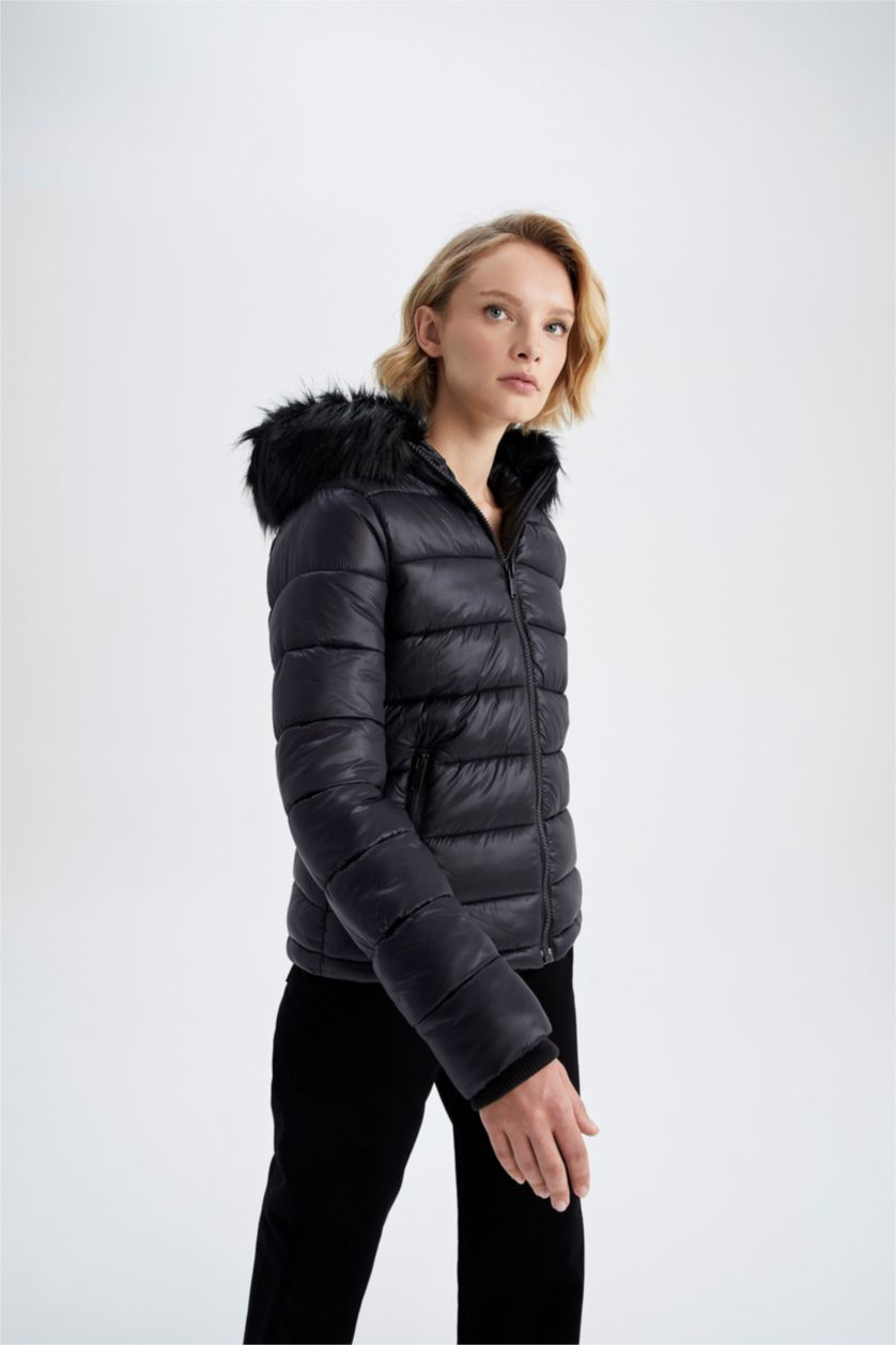 WOMAN Black Waterproof Hooded Faux Fur Puffer Jacket
