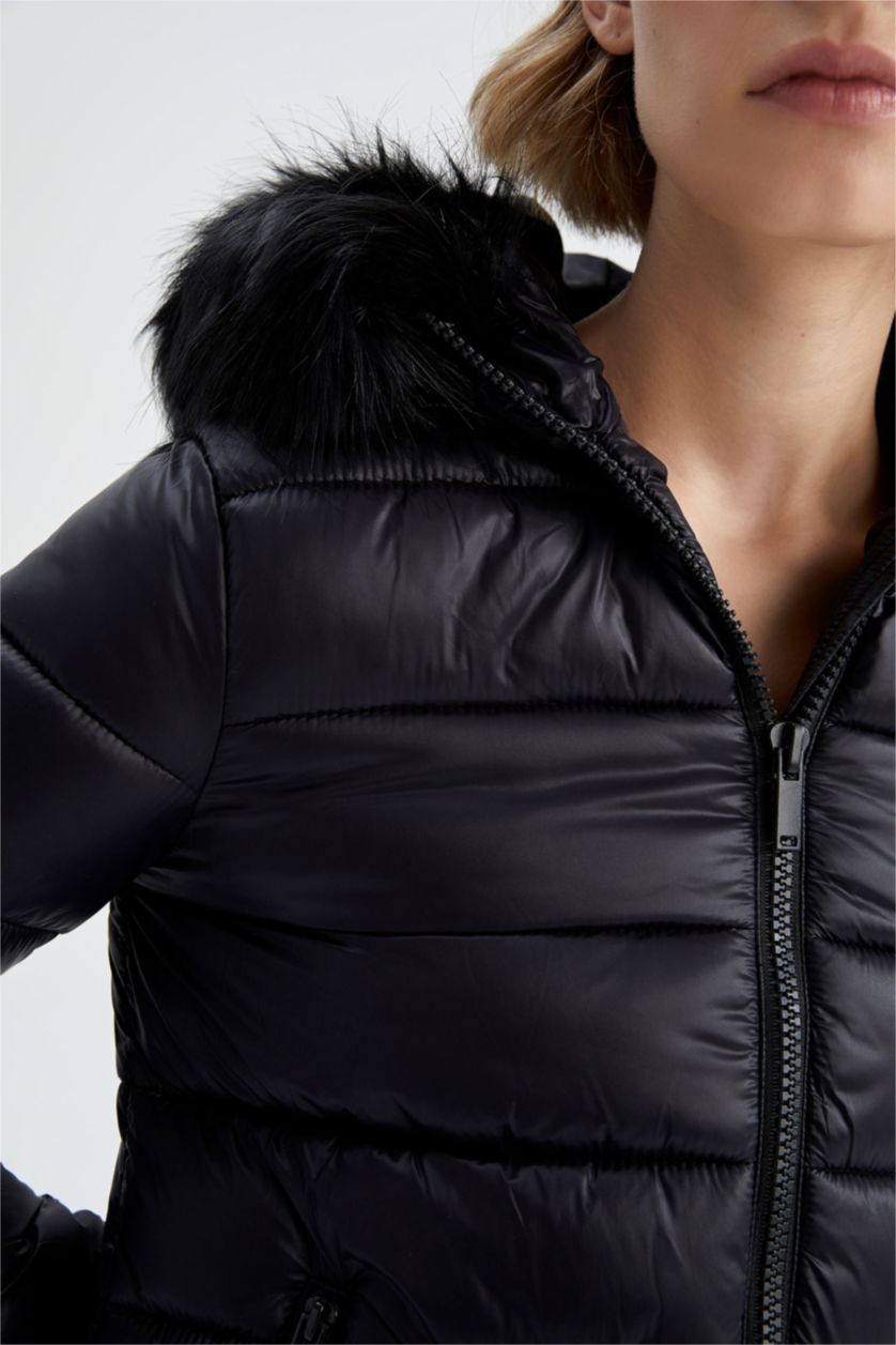 WOMAN Black Waterproof Hooded Faux Fur Puffer Jacket