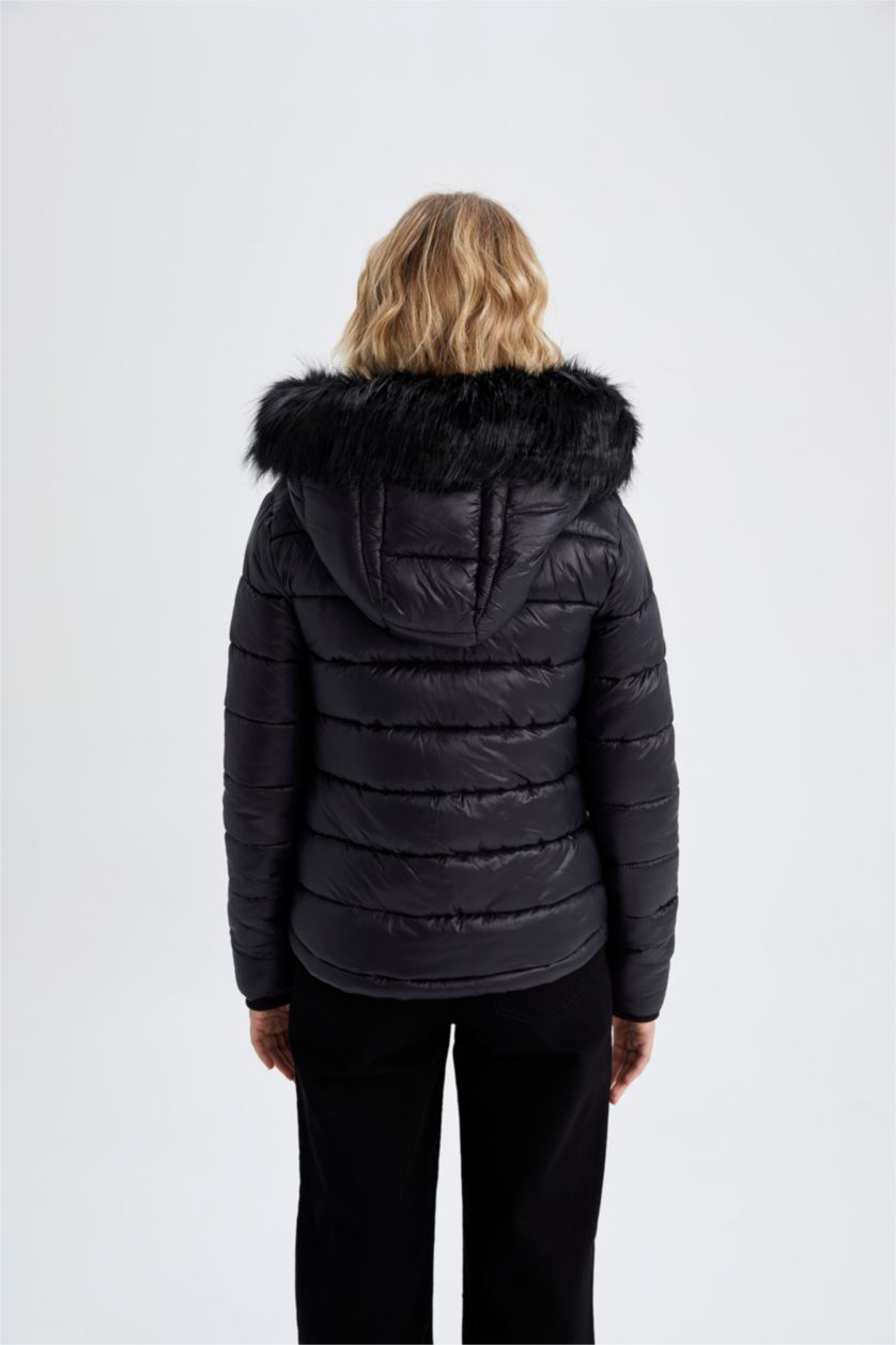 WOMAN Black Waterproof Hooded Faux Fur Puffer Jacket