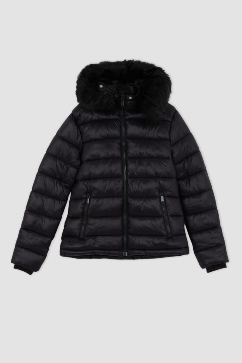 WOMAN Black Waterproof Hooded Faux Fur Puffer Jacket
