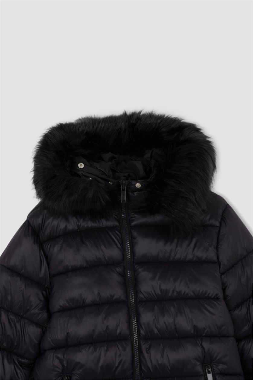 WOMAN Black Waterproof Hooded Faux Fur Puffer Jacket