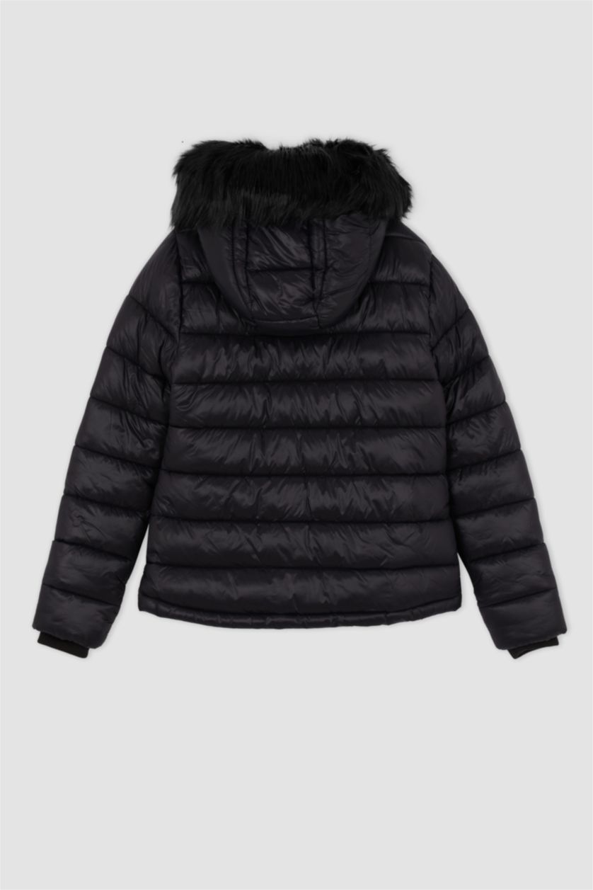 WOMAN Black Waterproof Hooded Faux Fur Puffer Jacket