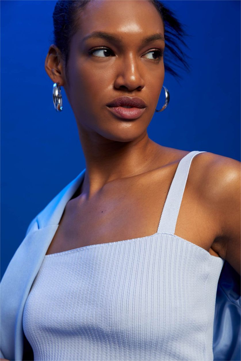 FEMME Bleu Ajusté Bretelles Court Tricot Débardeur