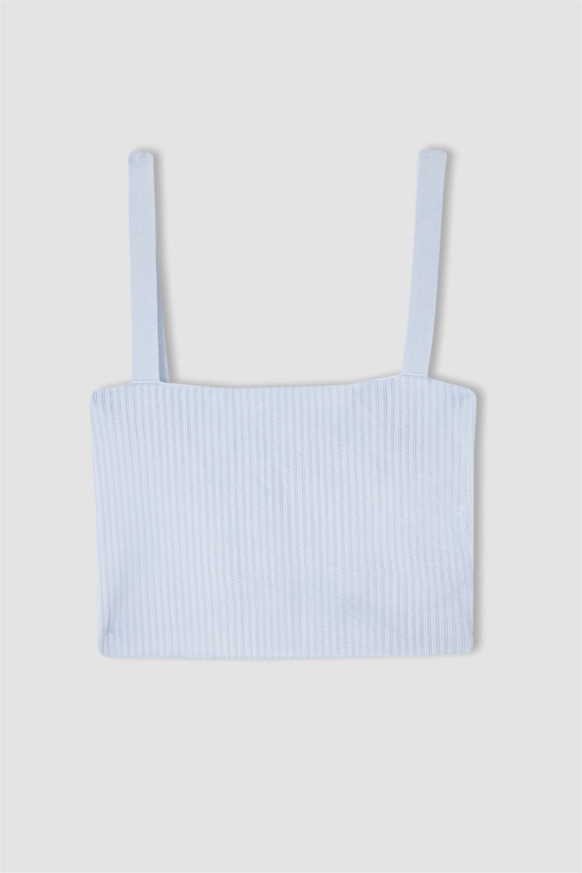 FEMME Bleu Ajusté Bretelles Court Tricot Débardeur