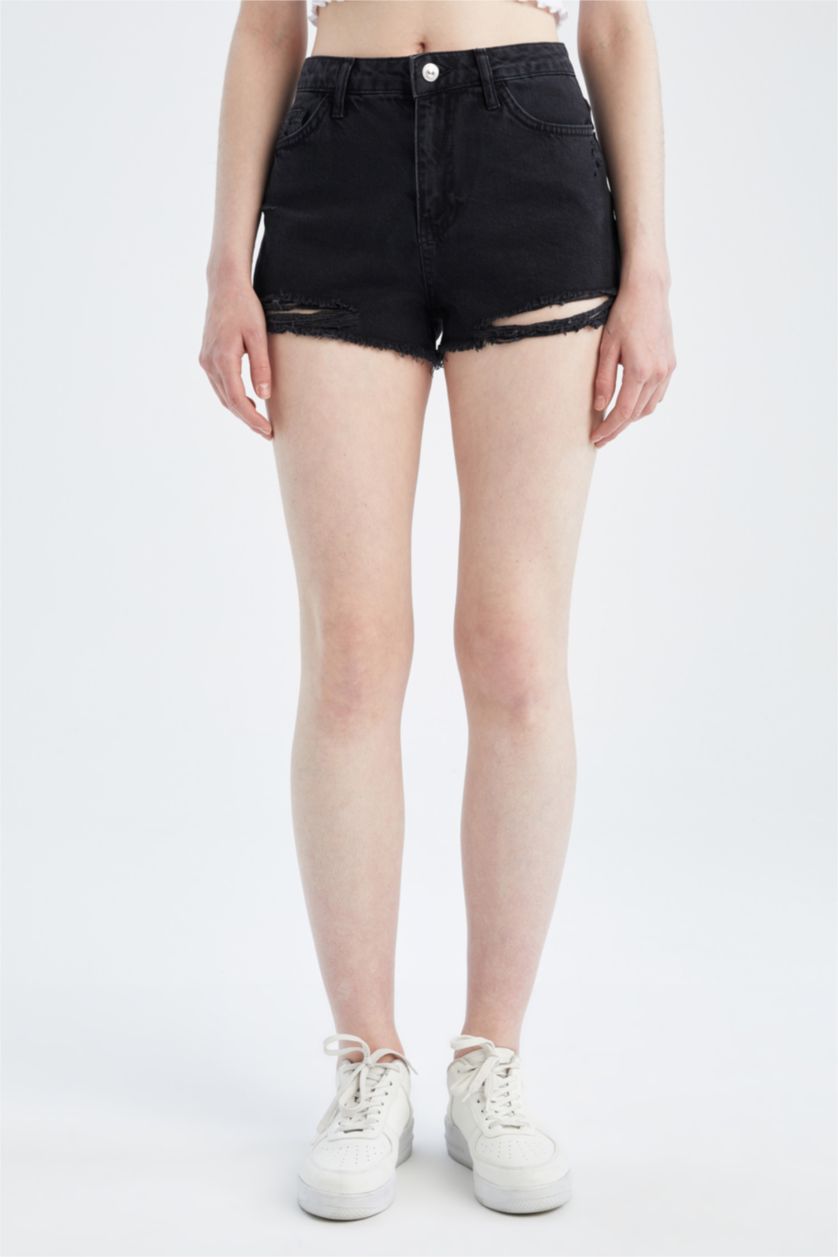 WOMAN Black Ripped Detailed Mini Jean Shorts