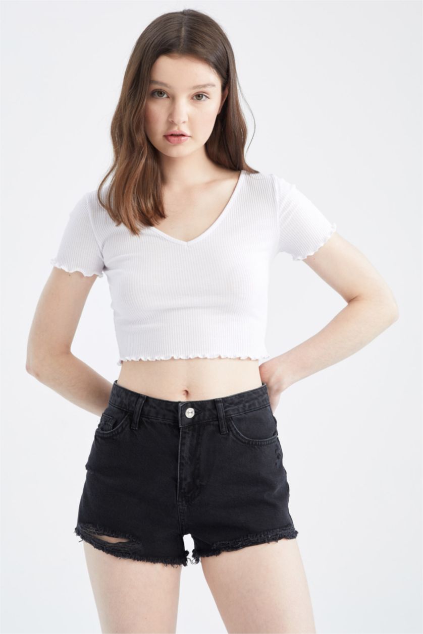 WOMAN Black Ripped Detailed Mini Jean Shorts