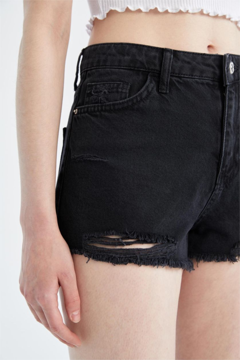 WOMAN Black Ripped Detailed Mini Jean Shorts