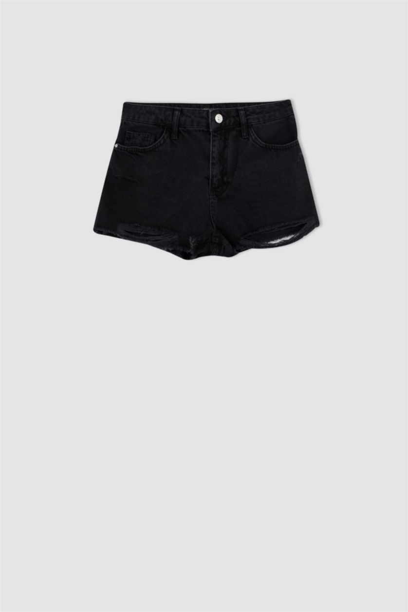 WOMAN Black Ripped Detailed Mini Jean Shorts