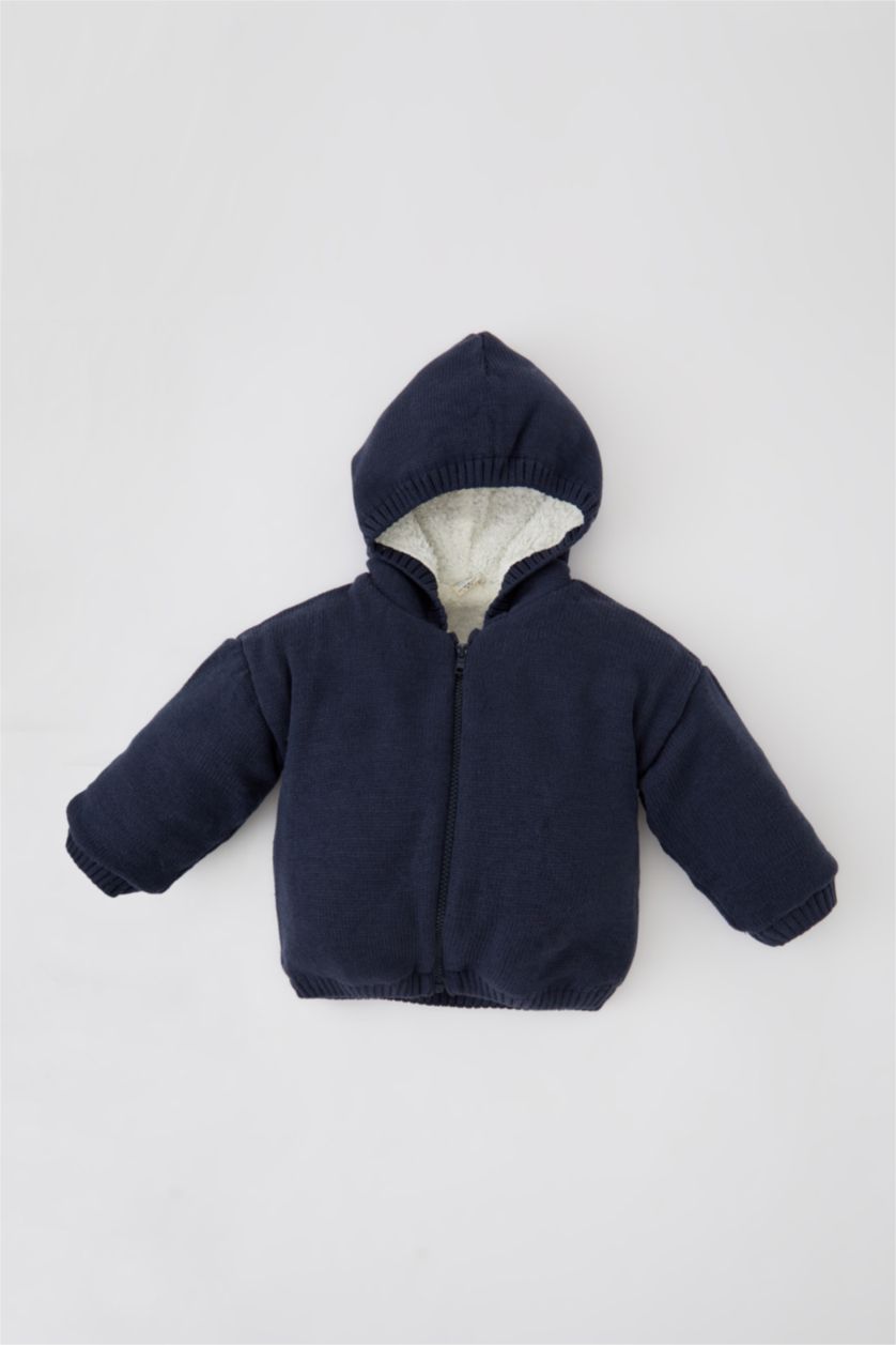 طفل صغير كحلي جاكيت صوف ولادي مبطن بغطاء للرأس