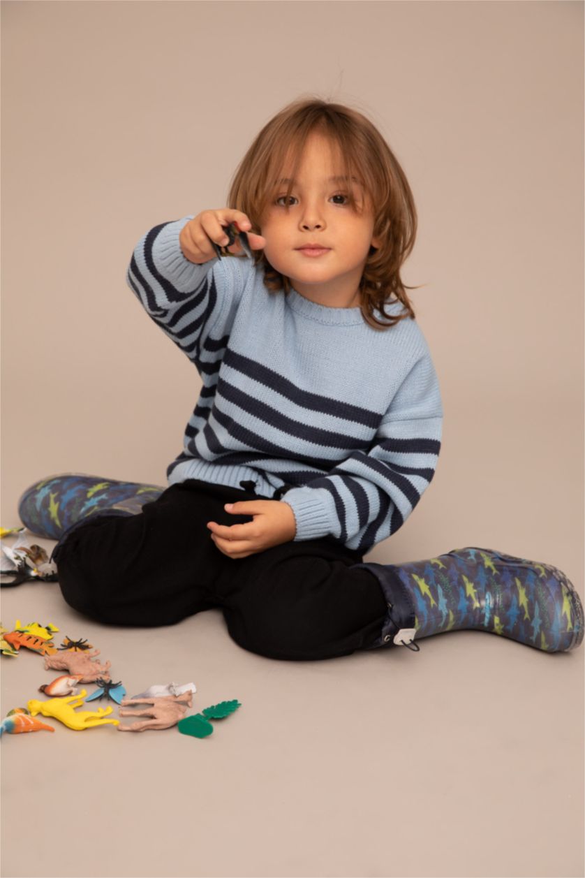 مولود ذكر أزرق طقم صوف ولادي بيبي مخطط بياقة مستديرة من قطعتين