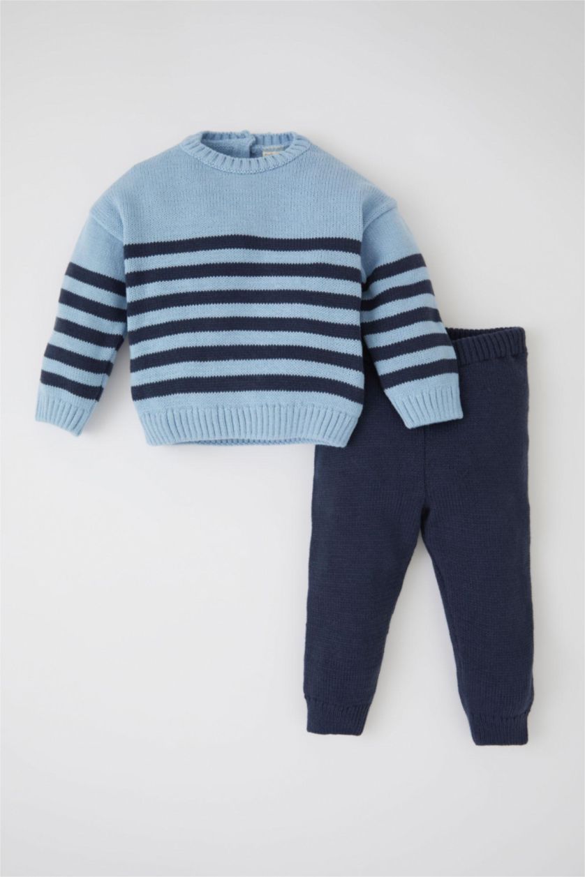 مولود ذكر أزرق طقم صوف ولادي بيبي مخطط بياقة مستديرة من قطعتين